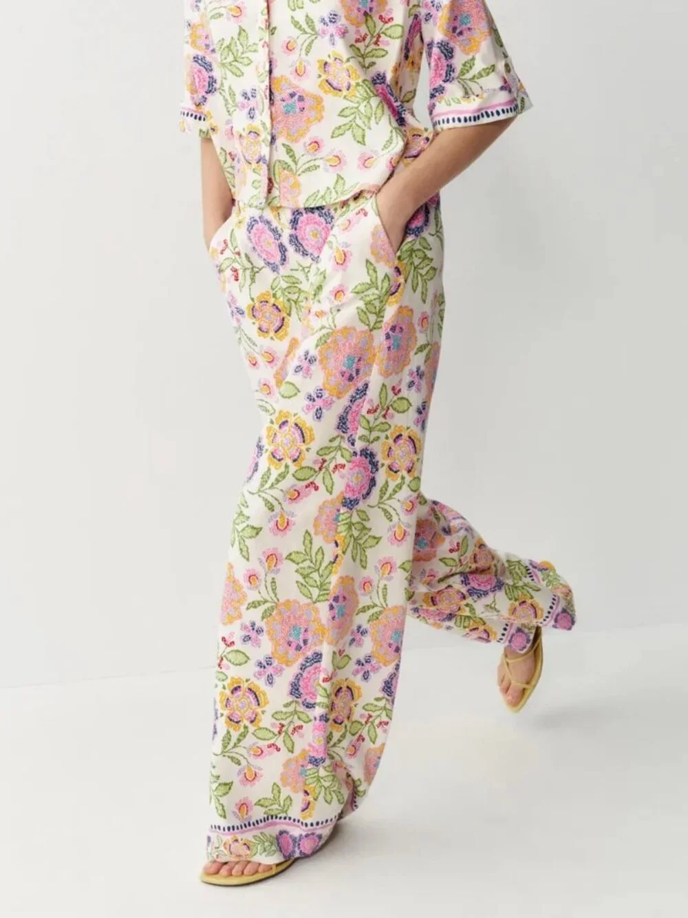 Zara Floral Pastel Cottagecore Pants Multicolor High Rise Size Small NWT